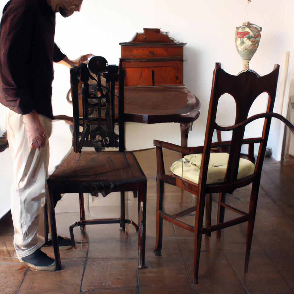Person examining antique furniture, negotiating