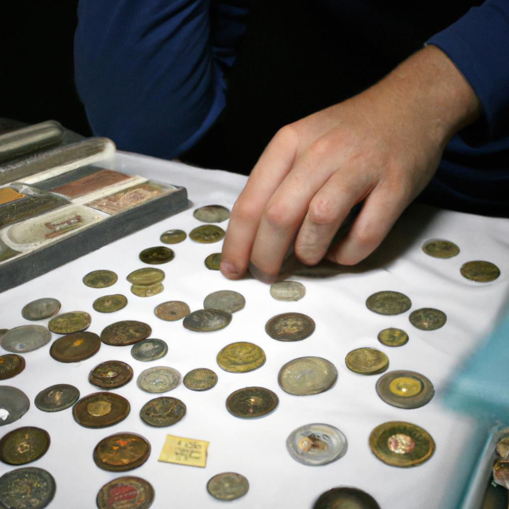 Person examining rare coin collection