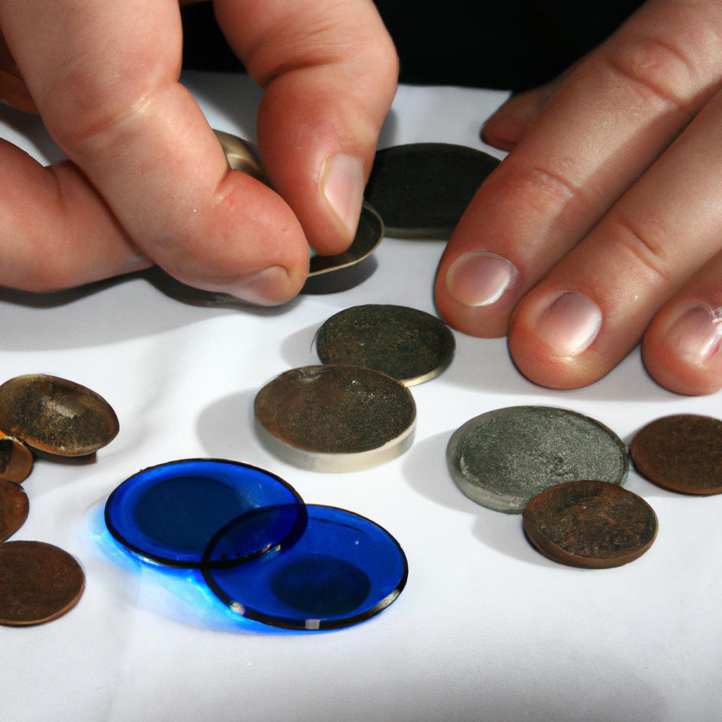 Person examining and cleaning coins