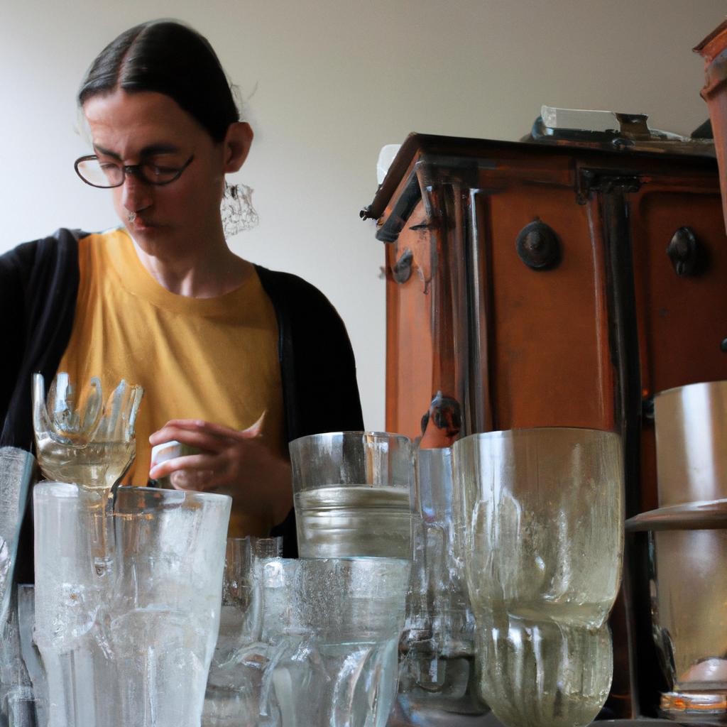 Person examining vintage glassware collection