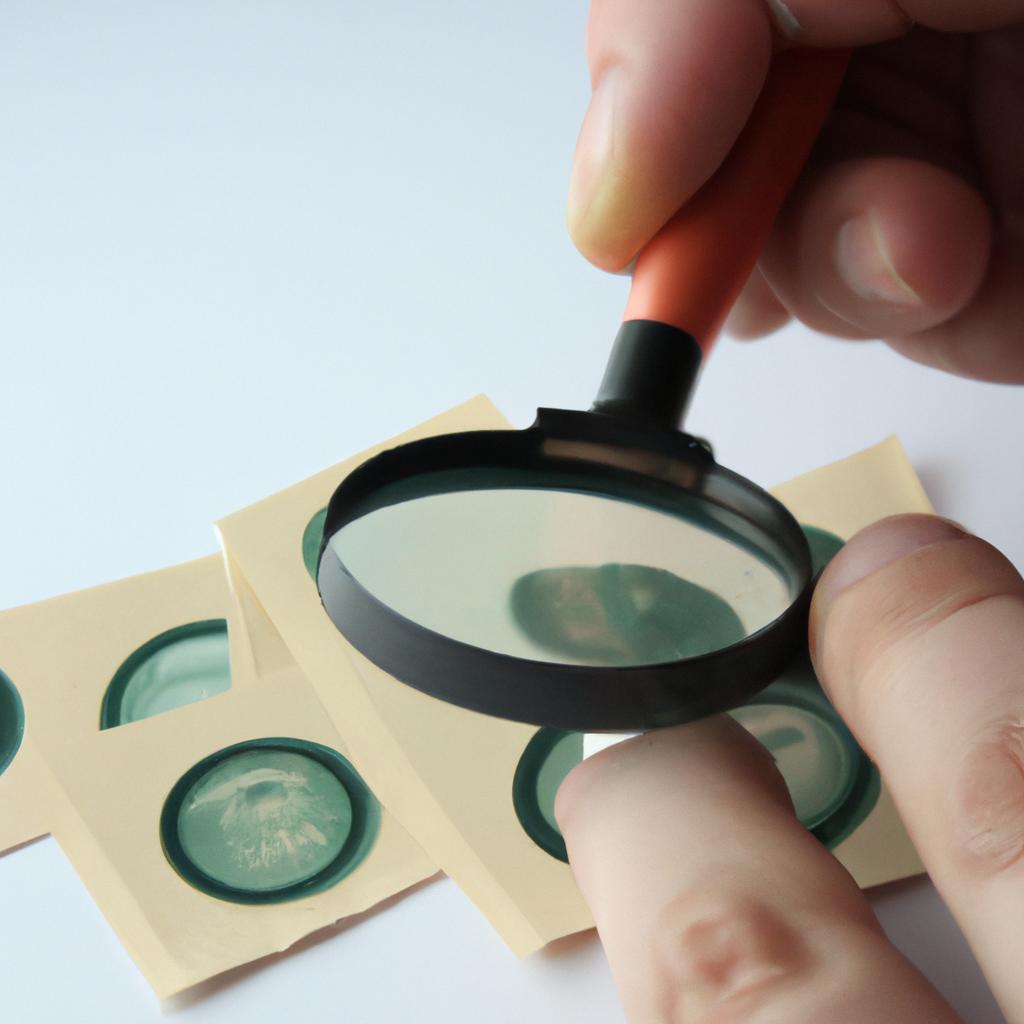 Person examining stamps with magnifying glass