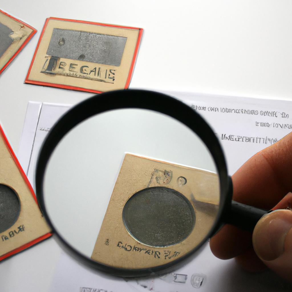 Person examining stamps with magnifying glass