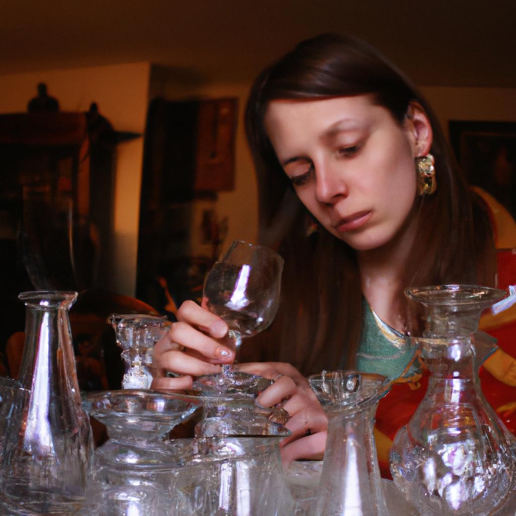 Woman examining antique glassware collection