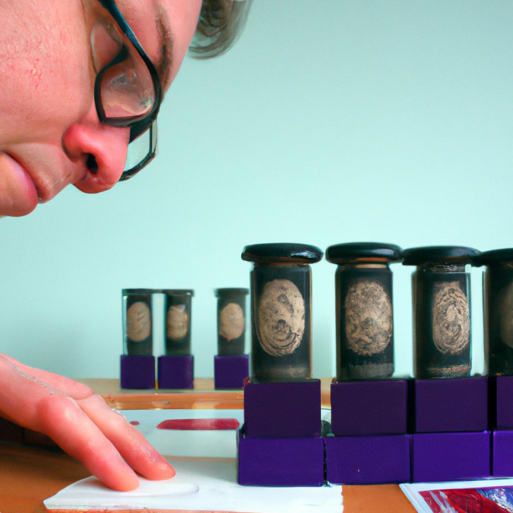 Person examining stamp collection items