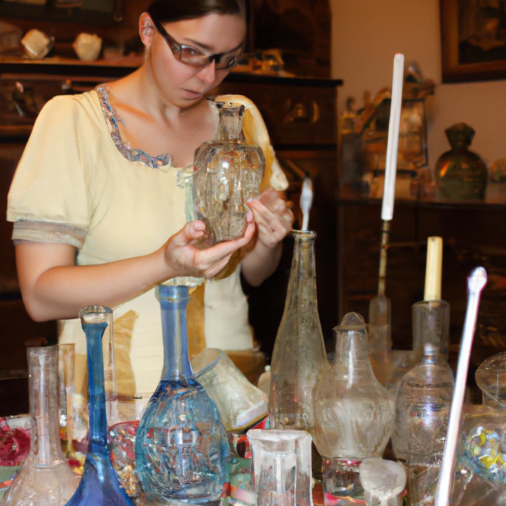 Woman examining antique glassware collection