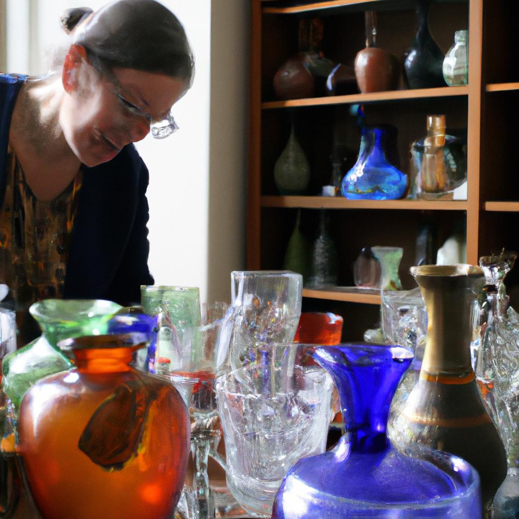 Person examining antique glassware collection